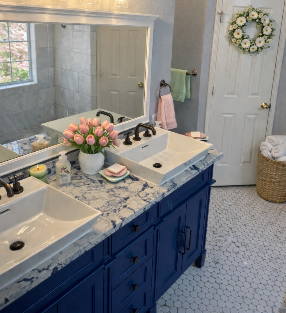 Plano TX master bathroom renovation with blue shaker vanity and white quartz countertops Collin County bathroom remodel with dual sinks and custom cabinetry Frisco TX bathroom upgrade with modern vanity lighting and quartz countertop installation